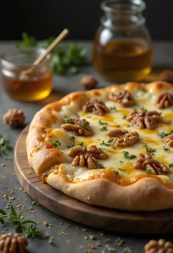 Quattro Formaggi pizza servert med valnøtter