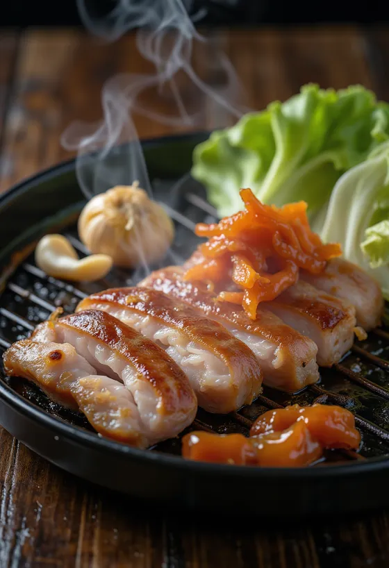 Samgyeopsal servert med salatblader og kimchi