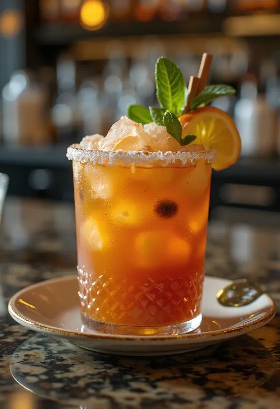 Zombie cocktail pyntet med mynteblad og appelsinskive