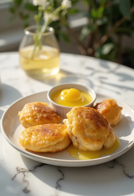 Æbleskiver med sitronkrem, friske og luftige kuler, pyntet med sitronsaus