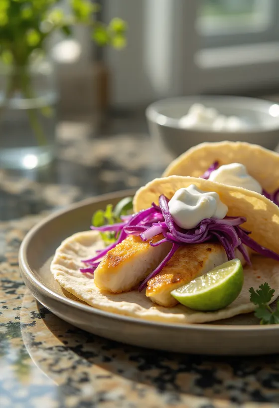 Pescado taco servert med lime og koriander