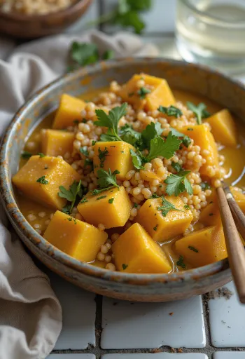 Gresskarwok med curry-quinoa, tofu og tahini servert