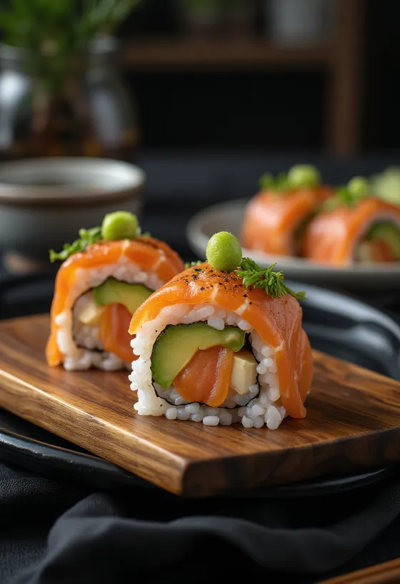 Temaki med laks, sushikremmerhus, fersk laks, avokado og wasabi