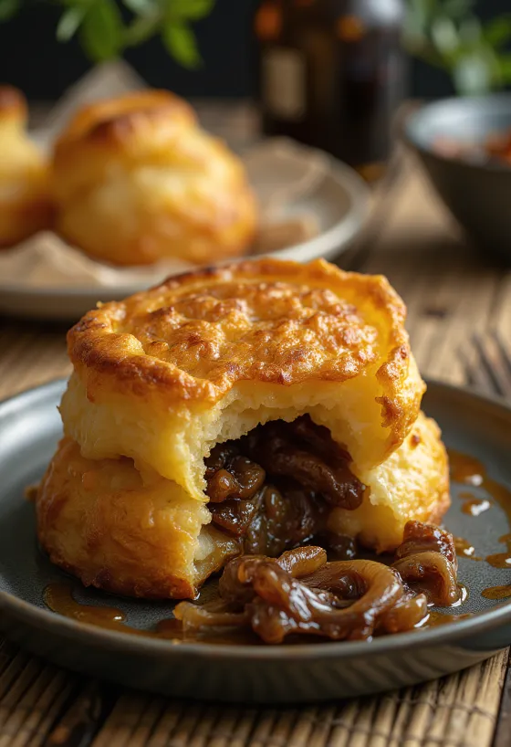 Yorkshire pudding fylt med karamellisert løk, servert som sprøtt engelsk tilbehør
