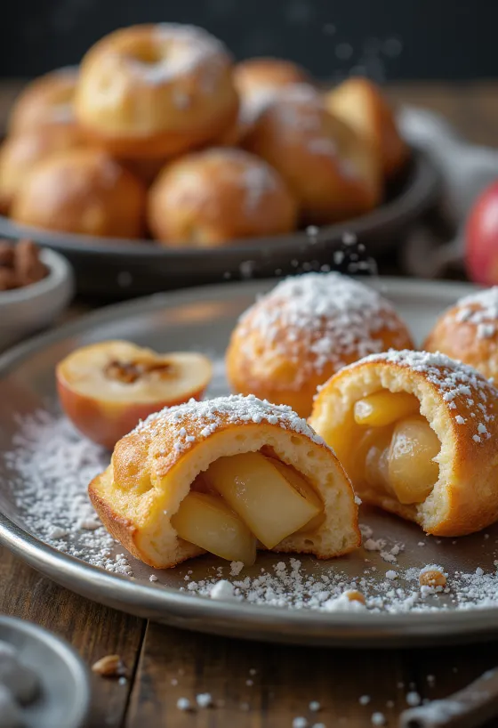 Æbleskiver med eple- og kanelfyll, stekt gyllenbrune, drysset med melis