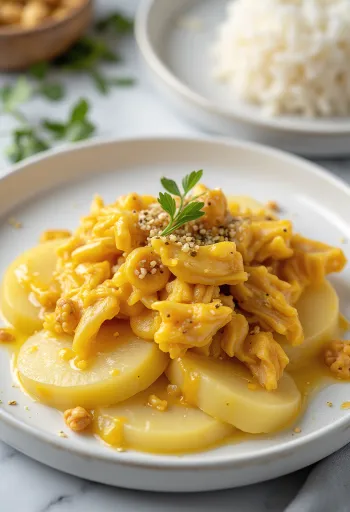 Ají de Gallina uten egg, kremet kylling med gul saus servert med ris og poteter
