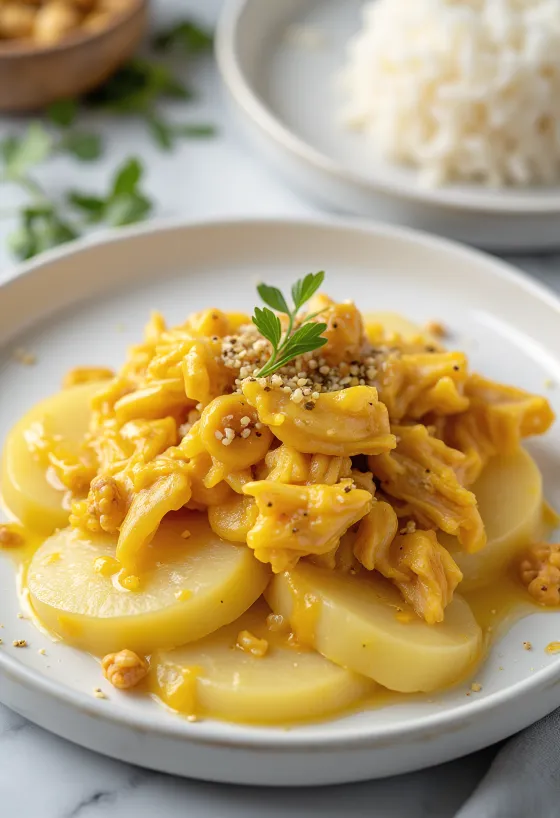 Ají de Gallina uten egg, kremet kylling med gul saus servert med ris og poteter