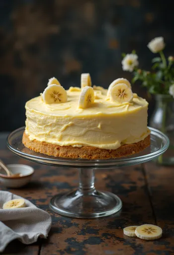 Banankake med fløtekrem pyntet med bananskiver