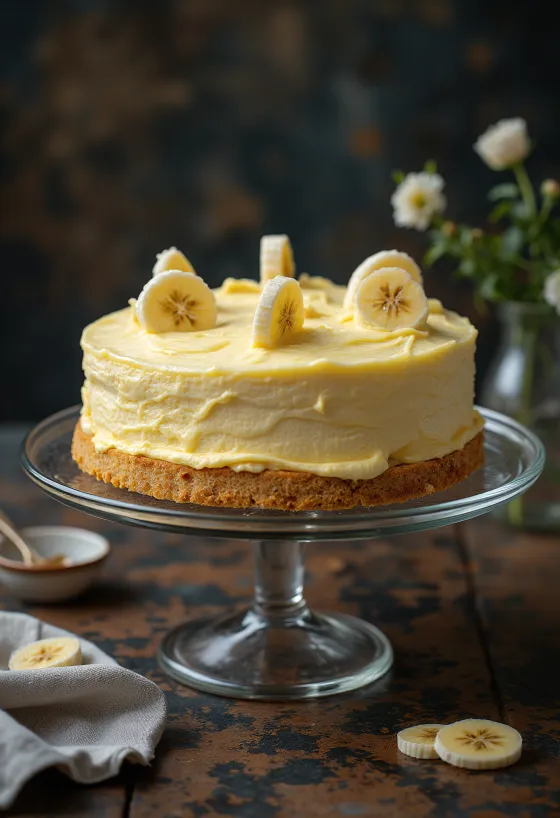 Banankake med fløtekrem pyntet med bananskiver