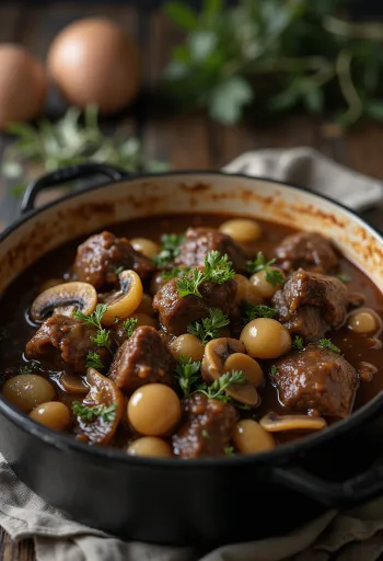 Boeuf Bourguignon servert med frisk timian og brød