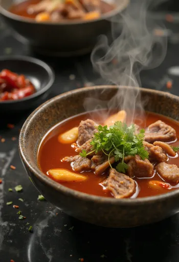 Yukgaejang med hvitløk servert med frisk koriander