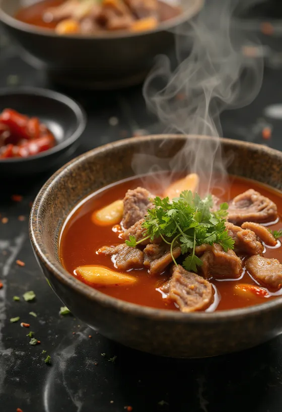 Yukgaejang med hvitløk servert med frisk koriander