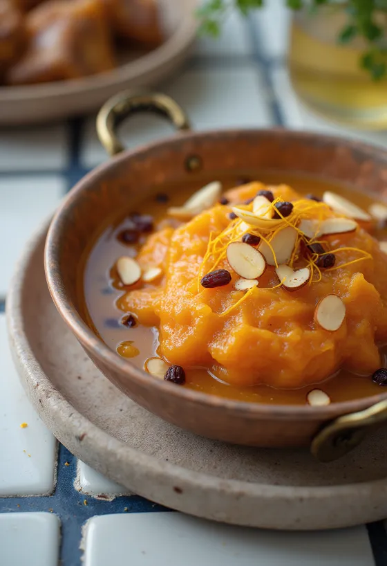 Gajar ka halwa med safran, servert med mandler og rosiner