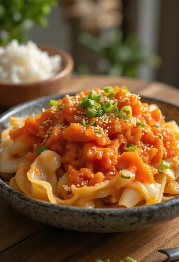 Nylaget geotjeori, koreansk kimchi, pyntet med hvitløk og frisk gressløk