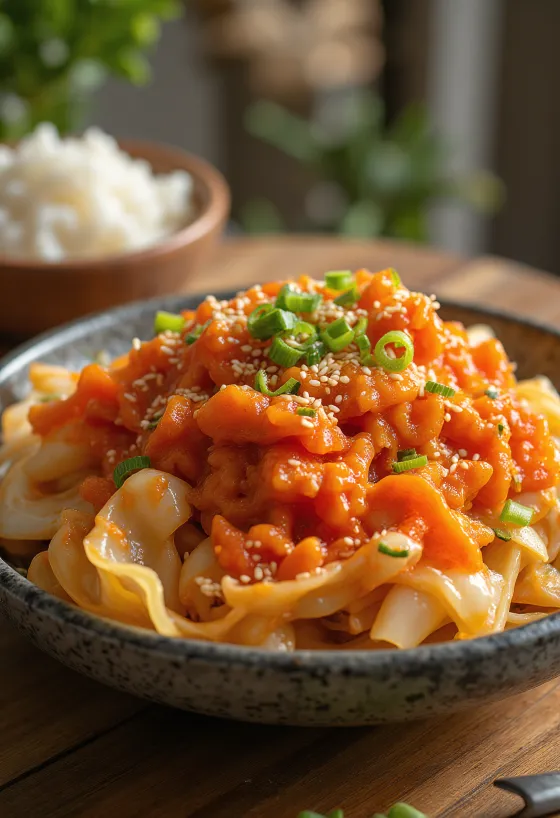 Nylaget geotjeori, koreansk kimchi, pyntet med hvitløk og frisk gressløk