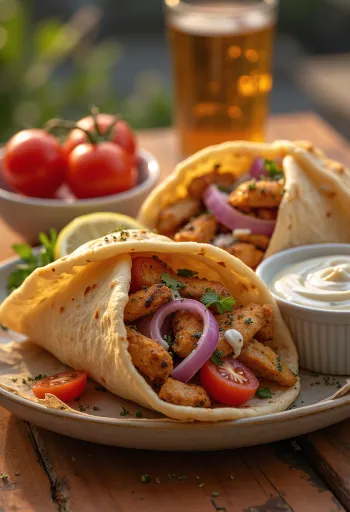 Nystekt gyroskjøtt i pita, servert med grønnsaker og yoghurtdressing.