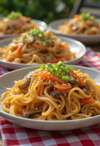 Japchae sterk variant servert, med søtpotetnudler og grønnsaker