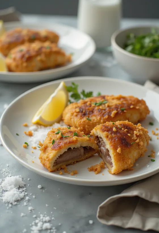 Sprøstekt panert svinelever, servert med frisk salat.