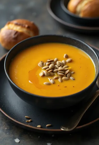 Gresskarsuppe, servert med ristede frø og fersk olivenolje.
