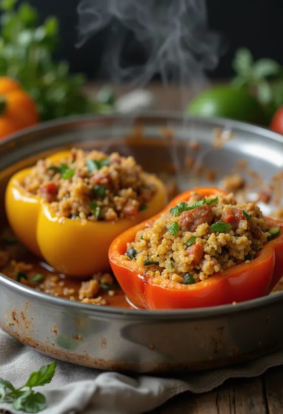 Vegansk fylt paprika med bulgur servert