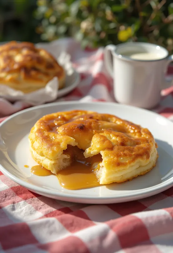 Æbleskiver fylt med karamellkrem, stekt gyllenbrune, drysset med melis