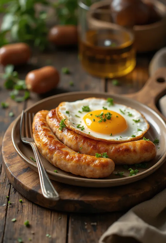 Alheira-pølse servert med speilegg, drysset med persille, på en rustikk tallerken