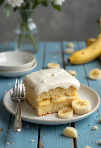 Banankake med kesamkrem i elegant servering