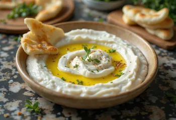 Kajmak med rømme, kremet og appetittvekkende rett, pyntet med olivenolje og persille