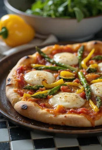 Pizza Primavera med vårgrønnsaker og basilikum