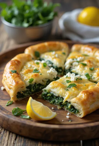 Spanakopita med fetaost, fyll av spinat og fetaost, i sprø filodeig