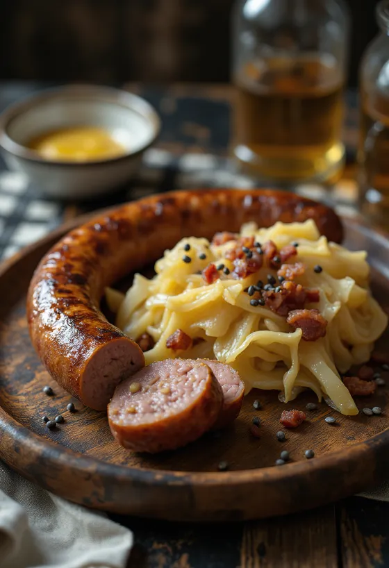 Stekt pølse servert med kål