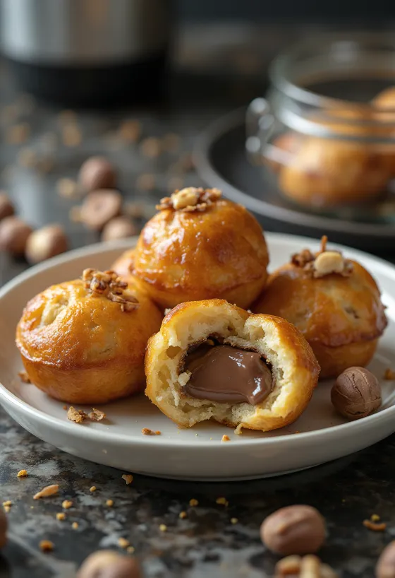 Æbleskiver fylt med Nutella, stekt gyllenbrune, drysset med melis