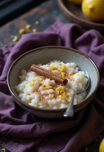 Arroz doce med kokosmelk, servert med kanel på en hvit tallerken