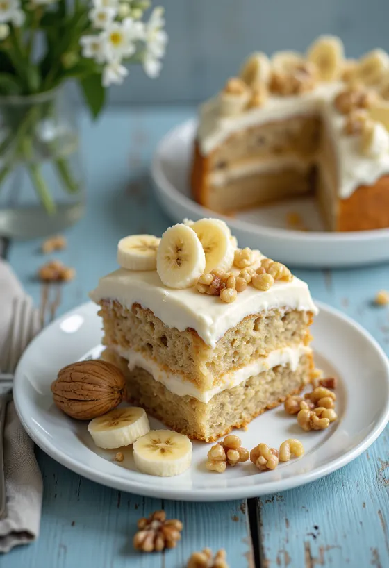 Banankake med valnøtter og krem pyntet med ferske bananskiver og valnøtter