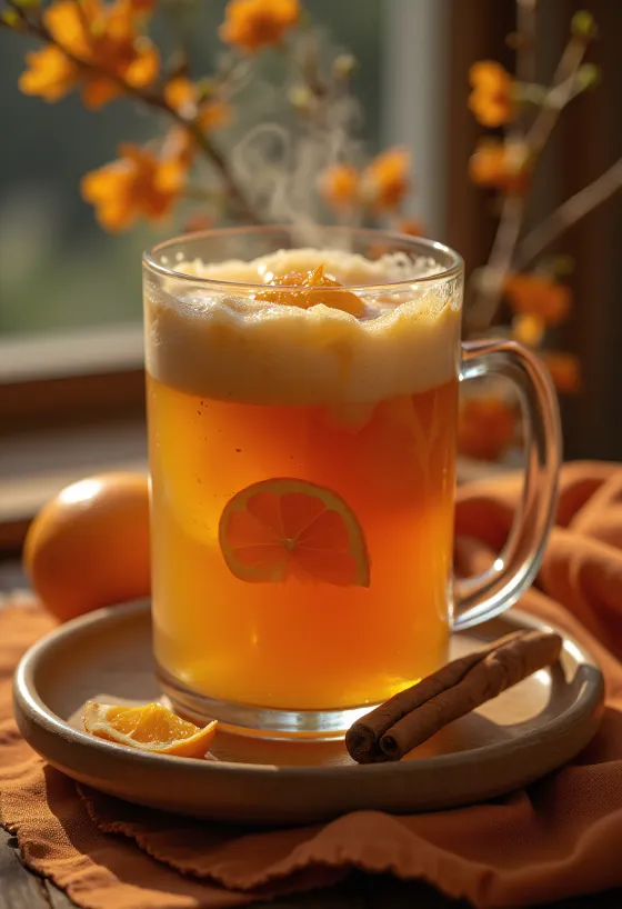 Canelazo con naranja, servert fersk, pyntet med kanel og appelsinskiver