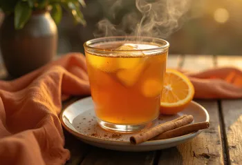 Canelazo con naranja, servert fersk, pyntet med kanel og appelsinskiver