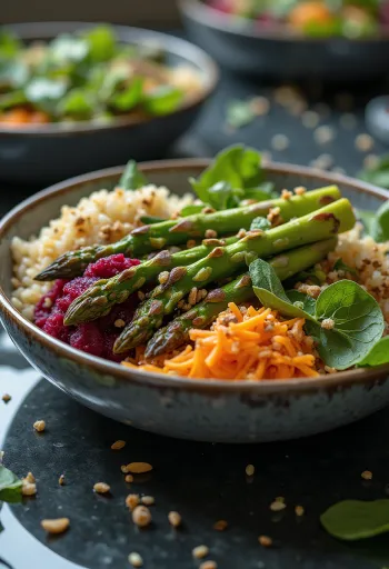 Buddha bowl med grillet asparges servert