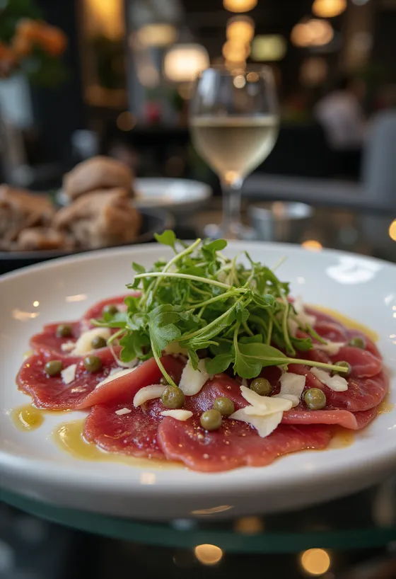 Hestekjøtt carpaccio servert med ruccola, parmesan og kapers.