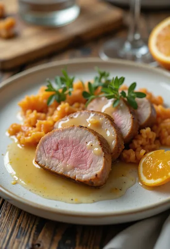 Rosastekt andebryst servert med appelsinsaus