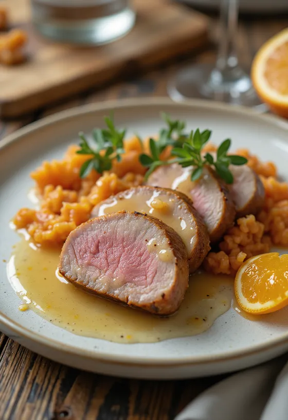 Rosastekt andebryst servert med appelsinsaus