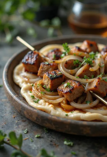 Shashlik spyd servert med grillede grønnsaker