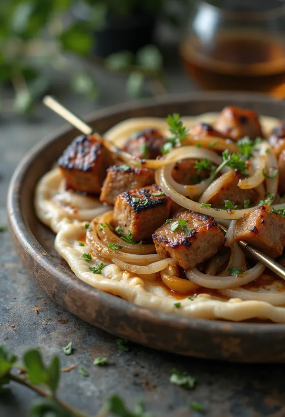 Shashlik spyd servert med grillede grønnsaker