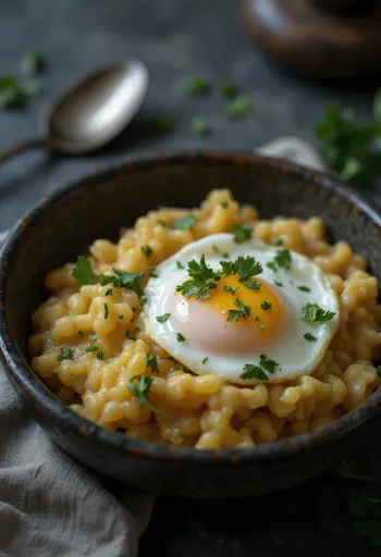 Açorda med pochert egg, pyntet med frisk koriander, dryppet med sitronsaft