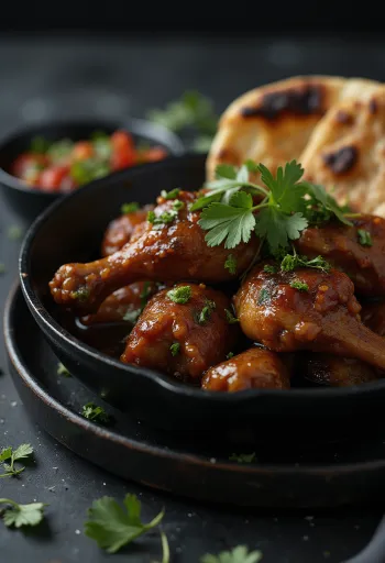 Adobo-kylling servert med naanbrød, i en appetittvekkende krydret saus