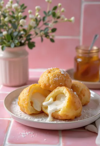 Æbleskiver med ricottafyll, i gyllenbrun farge, servert med melisdryss