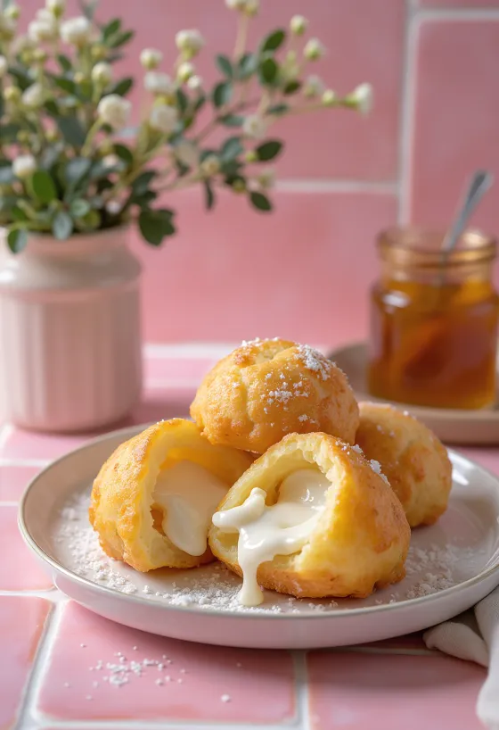 Æbleskiver med ricottafyll, i gyllenbrun farge, servert med melisdryss