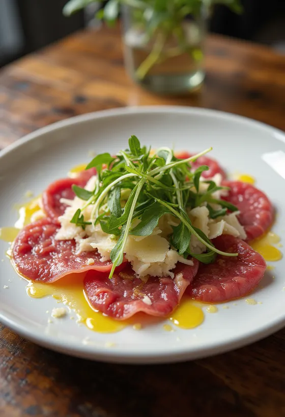 Biffcarpaccio servert med ruccola og parmesan