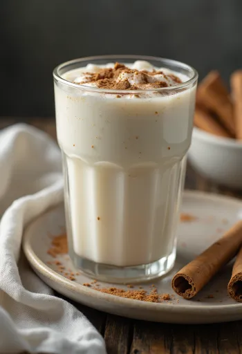 Høyt glass fylt med hvit yoghurtdrikk og kaneldryss