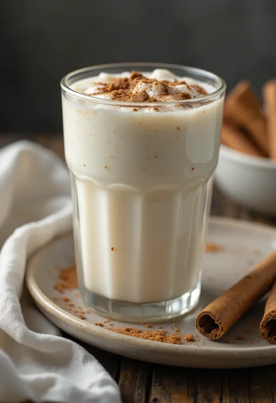 Høyt glass fylt med hvit yoghurtdrikk og kaneldryss