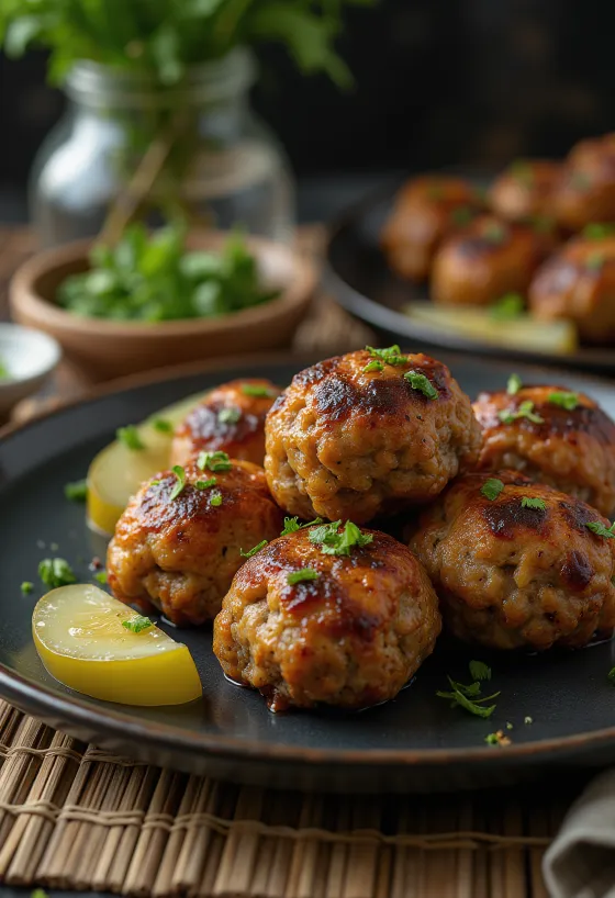 Frikadeller servert med dampede poteter og kålsalat